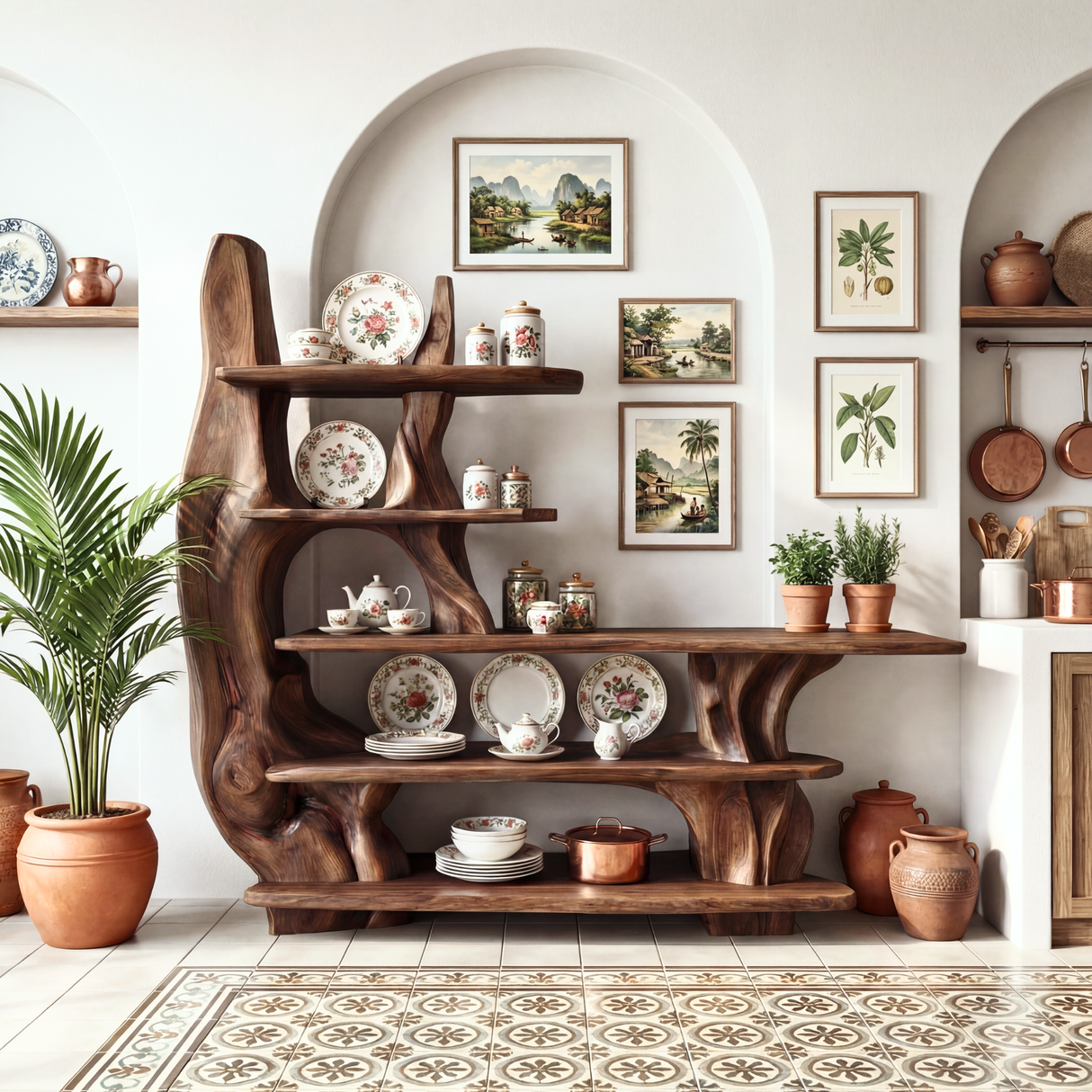 Organic Sculptural Solid Wood Console Table with Multi Tier Display Shelves Artistic Freeform Entryway Table