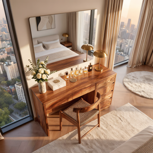 Wood Vanity Table with Side Drawers, Minimalist Dressing Table for Modern Bedrooms