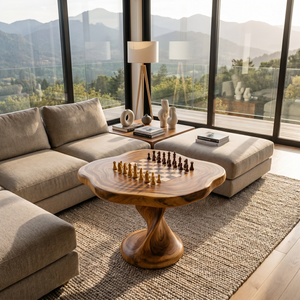 Handcrafted Solid Wood Chess Table with Organic Square Top and Pedestal Base