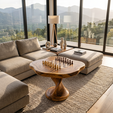 Handcrafted Solid Wood Chess Table with Organic Square Top and Pedestal Base