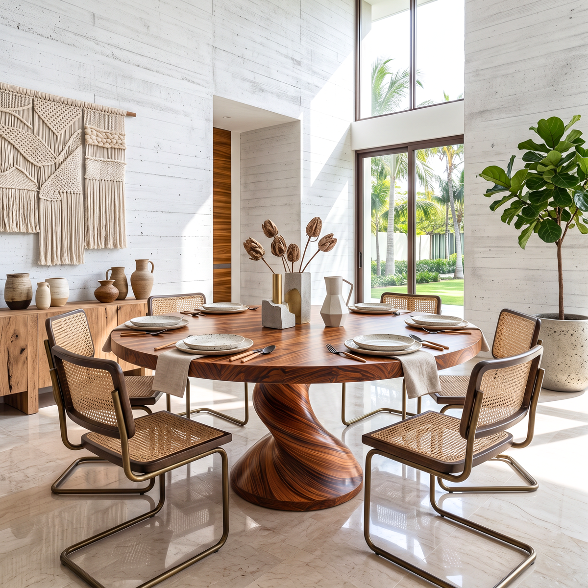 Dining Table with Twisted Pedestal Base and Round Solid Wood Top