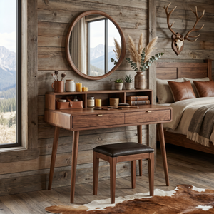 Mid-Century Solid Wood Vanity Desk with Open Hutch Shelf and Dual Drawer Storage