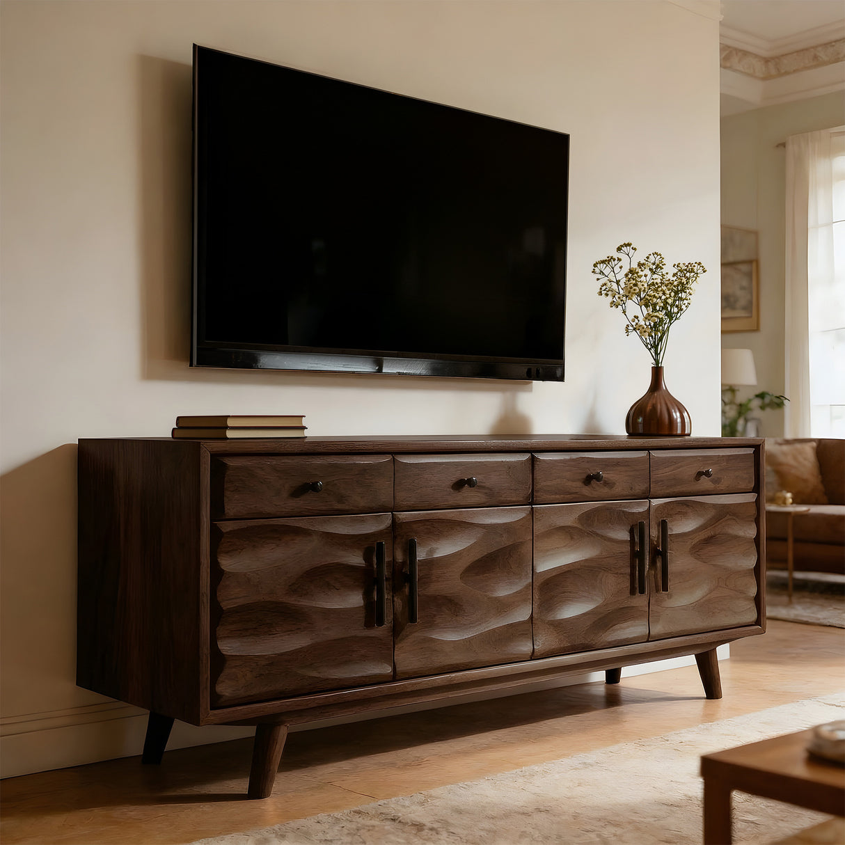 Solid Wood Sculpted Media Console for Modern Living