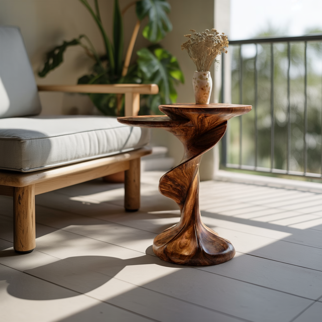 Solid Wood Sculptural Pedestal Table with Twisted Form for Living Room