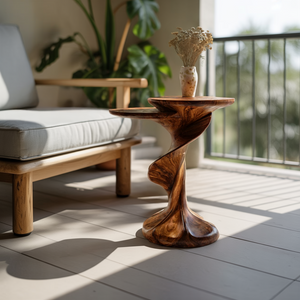Solid Wood Sculptural Pedestal Table with Twisted Form for Living Room