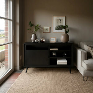 Dark Solid Wood Sideboard with Open Shelving for Modern Interiors