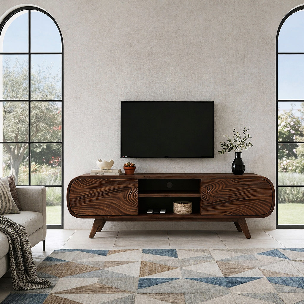 Handcrafted Solid Wood Media Cabinet with Sculpted Grain