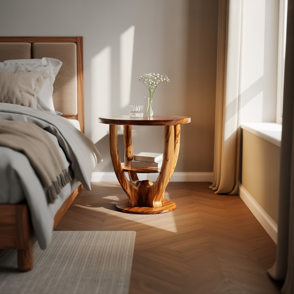 Round Solid Wood End Table with Sculpted Open Base
