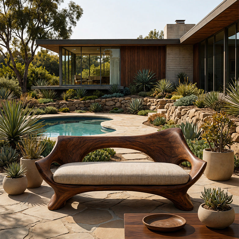 Organic Sculptural Solid Wood Bench with Cushion Handcrafted Modern Artistic Seating