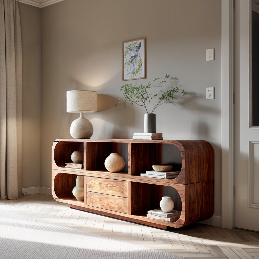 Japandi Solid Wood Sideboard with Curved Edges Modern Console Cabinet with Open Shelves and Drawer Storage for Living Room