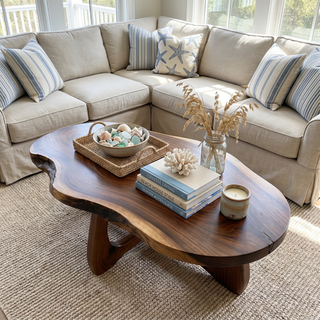 Live Edge Solid Wood Coffee Table with Sculptural Open Base