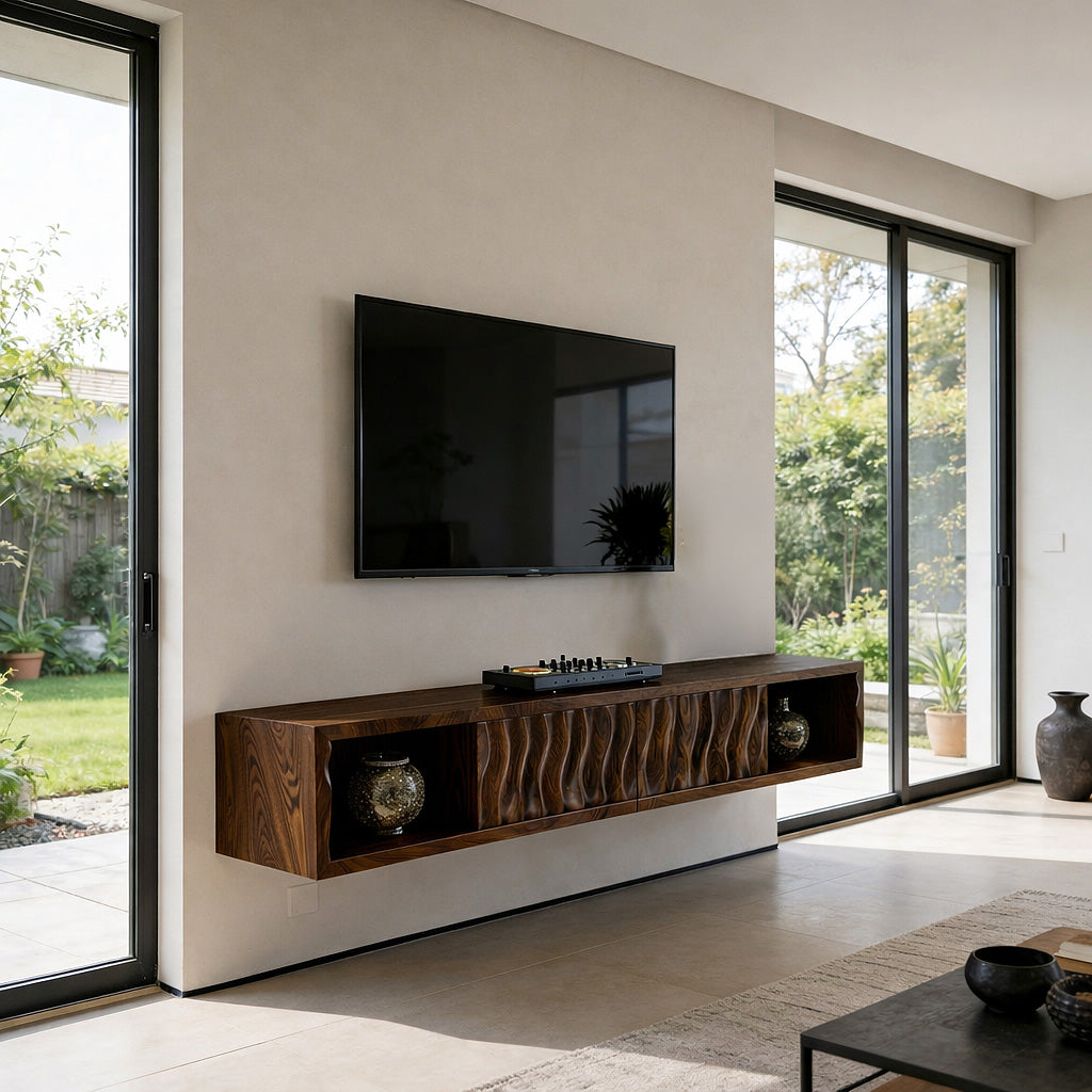 Floating Sculpted Wood TV Console with Wave Front