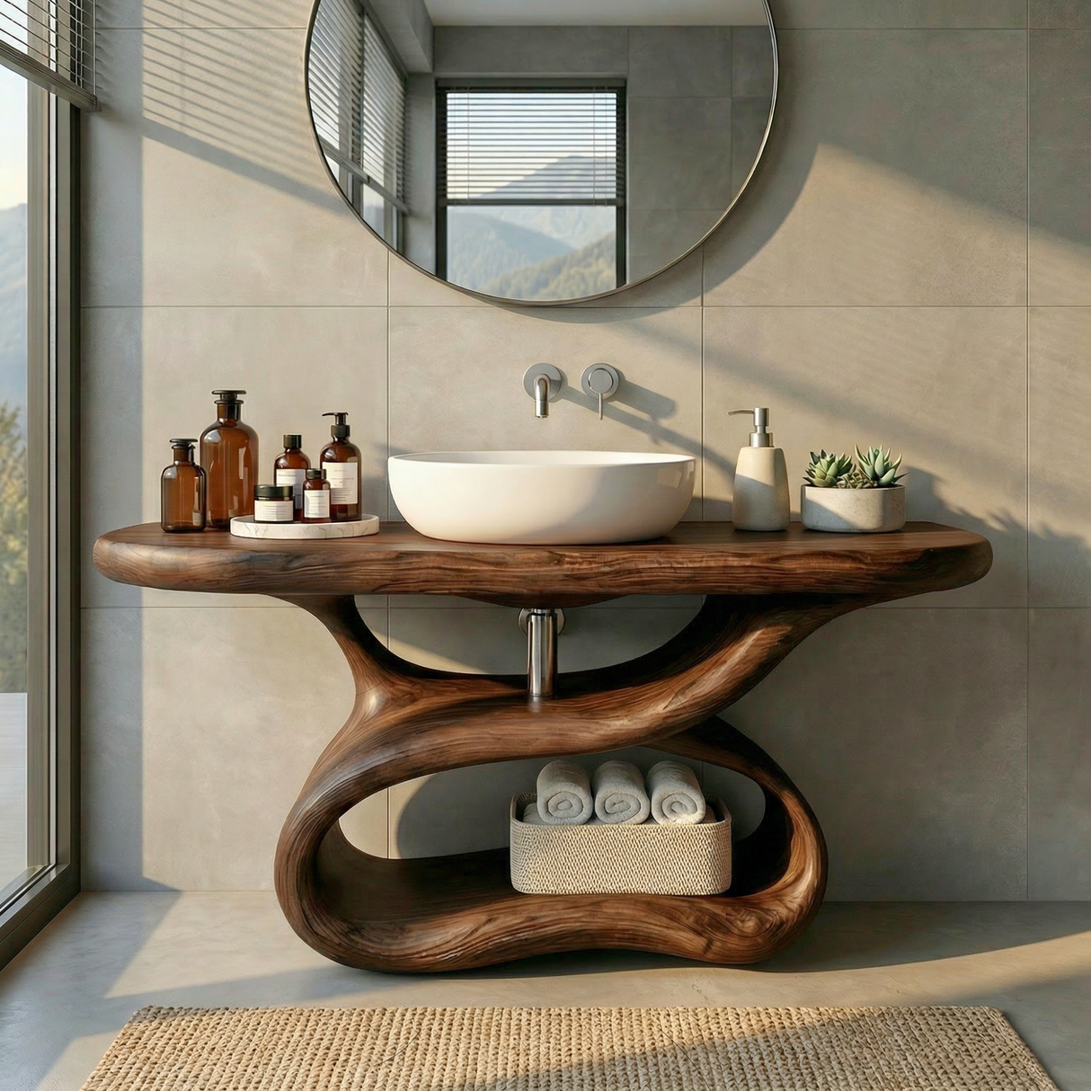 Sculptural Solid Wood Bathroom Vanity with Open Shelf Base