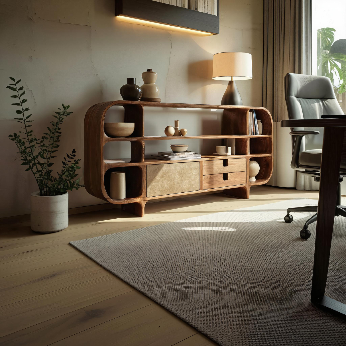 Handcrafted Solid Wood Sideboard with Rounded Open Shelves and Drawers