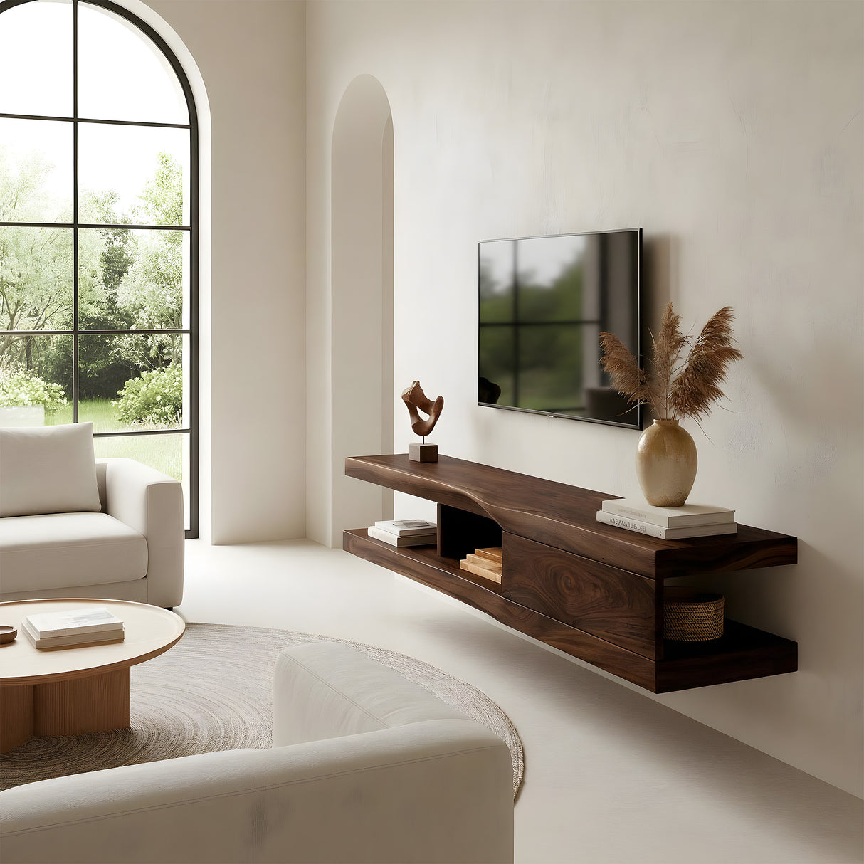 Floating Live Edge Wood TV Console with Drawer