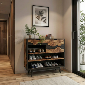 Live Edge Solid Wood Shoe Storage Cabinet for Organic Modern Entryway