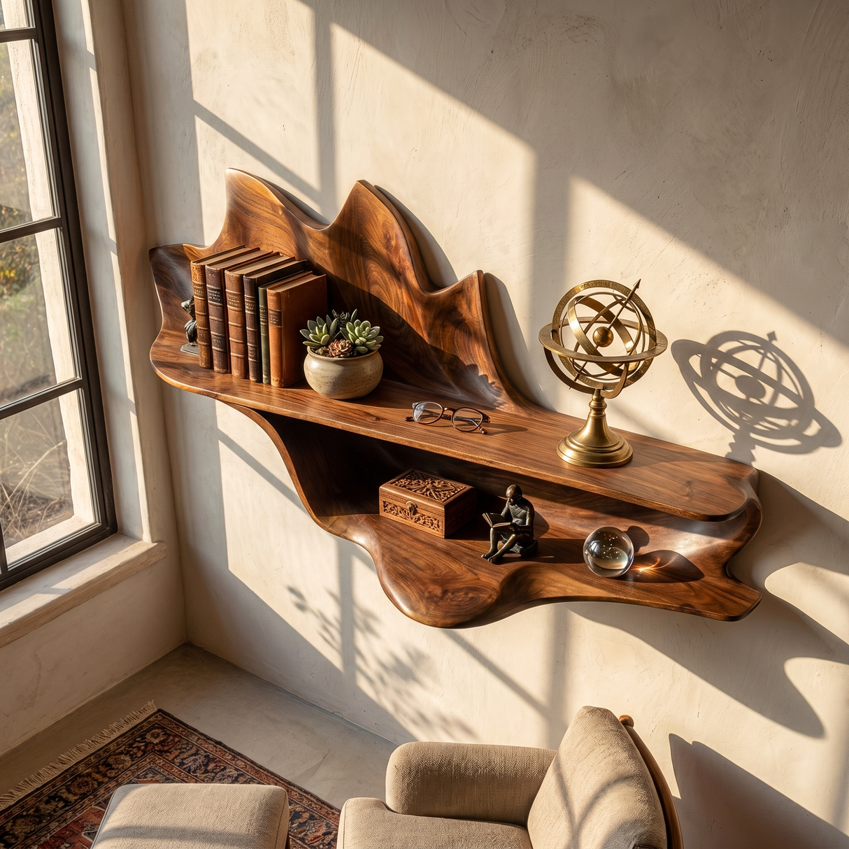 Handcrafted Solid Wood Petal Wall Shelf with Lower Display Ledge