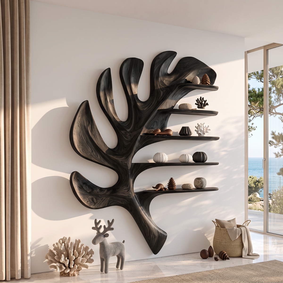 Tropical Leaf Solid Wood Wall Shelf with Sculptural Floating Display Shelves
