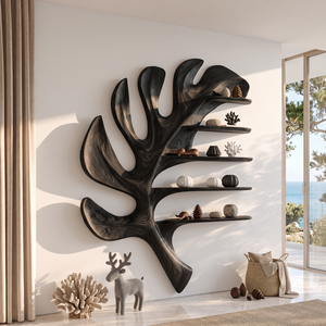Tropical Leaf Solid Wood Wall Shelf with Sculptural Floating Display Shelves
