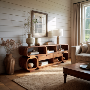 Living Room Sideboard Solid Wood Sideboard Modern Organic Wooden Credenza Curved Open Shelf Buffet Cabinet Sculptural Storage Console Natural Wood
