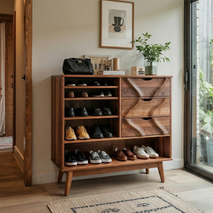 Solid Wood Entryway Shoe Cabinet with Drawers and Open Shelves Mid-Century Storage Organizer