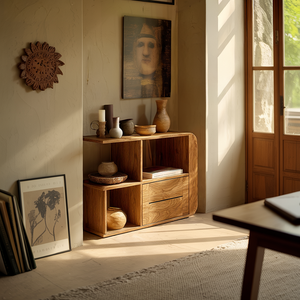 Modern Japandi Solid Wood Sideboard Open Shelf Wooden Credenza Minimalist Buffet Cabinet Natural Living Room Storage
