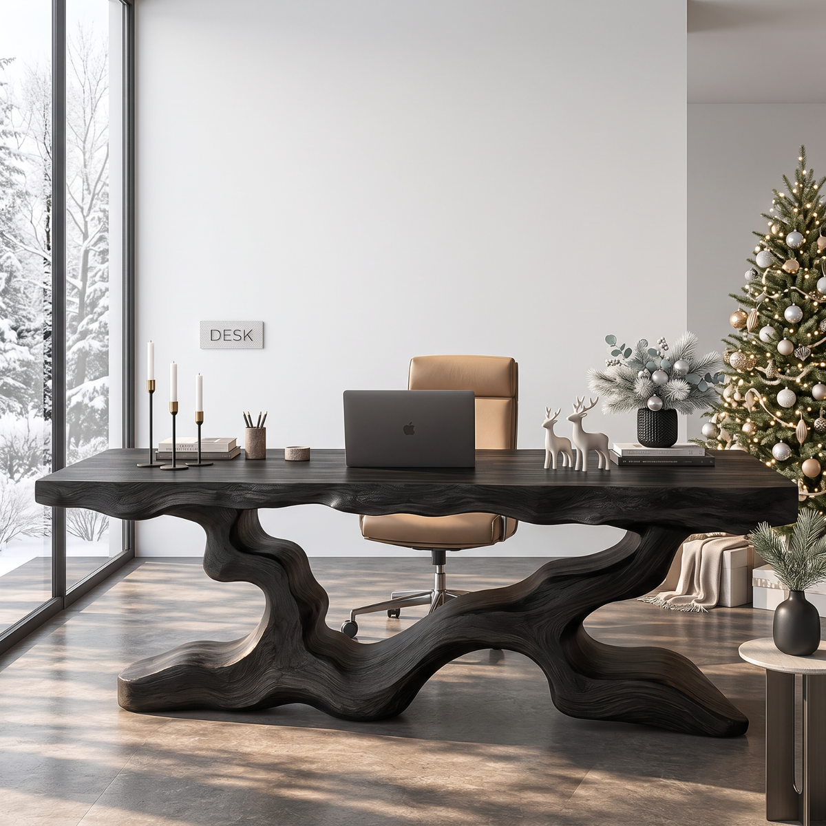 Sculptural Solid Wood Executive Desk with Organic Branch Base and Live Edge Top