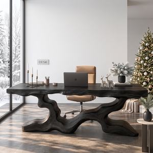 Sculptural Solid Wood Executive Desk with Organic Branch Base and Live Edge Top