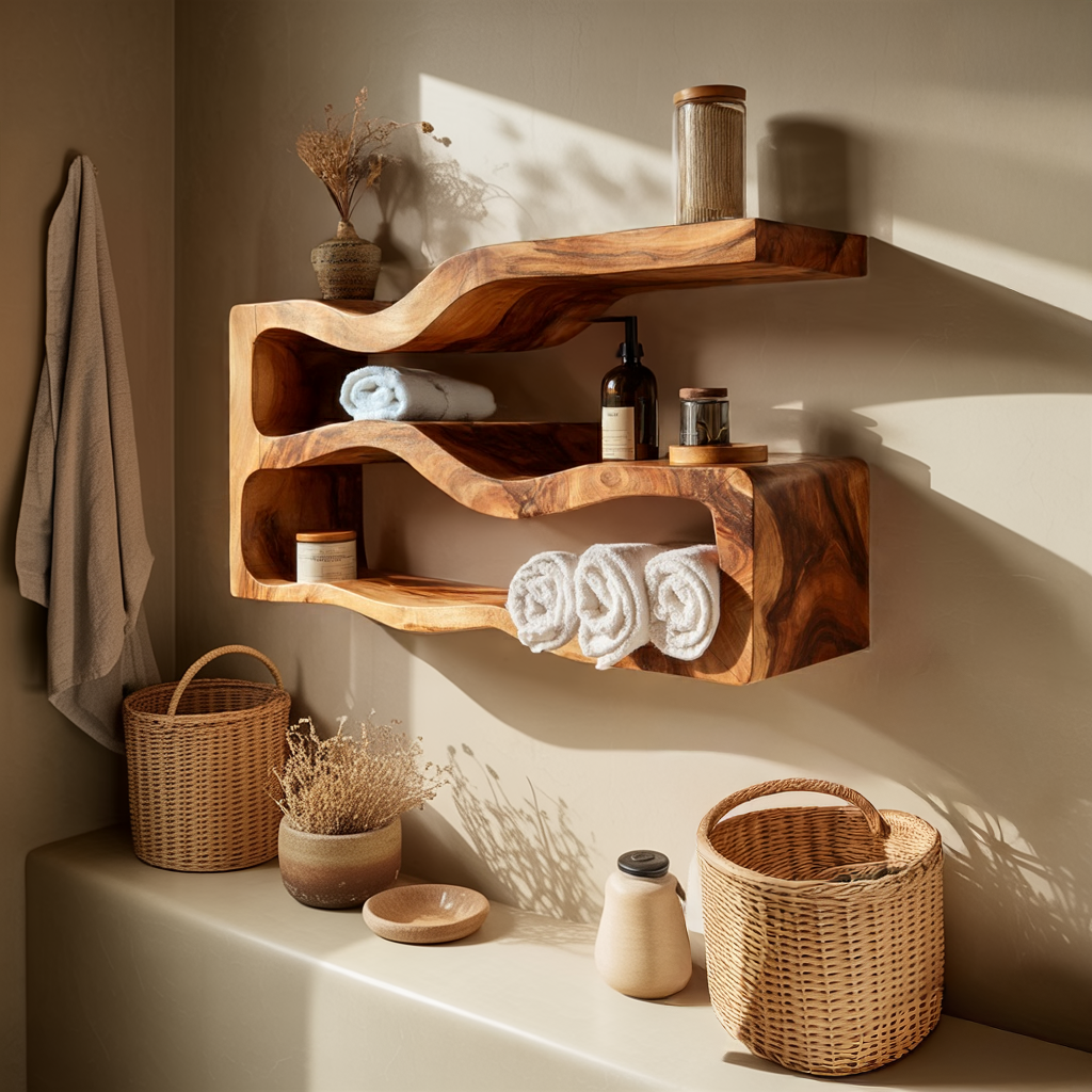 Sculptural Floating Wood Bathroom Shelf Unit