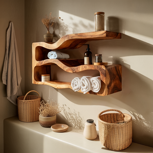 Sculptural Floating Wood Bathroom Shelf Unit