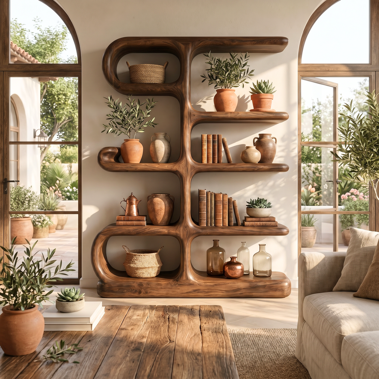 Organic Modern Wooden Bookshelf Sculptural Wall Display Shelf