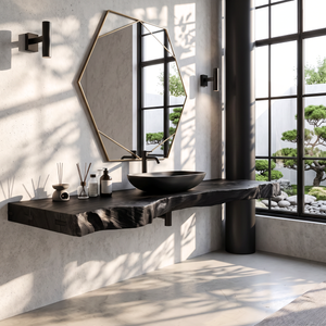 Solid Wood Floating Bathroom Vanity Shelf with Thick Live Edge Slab