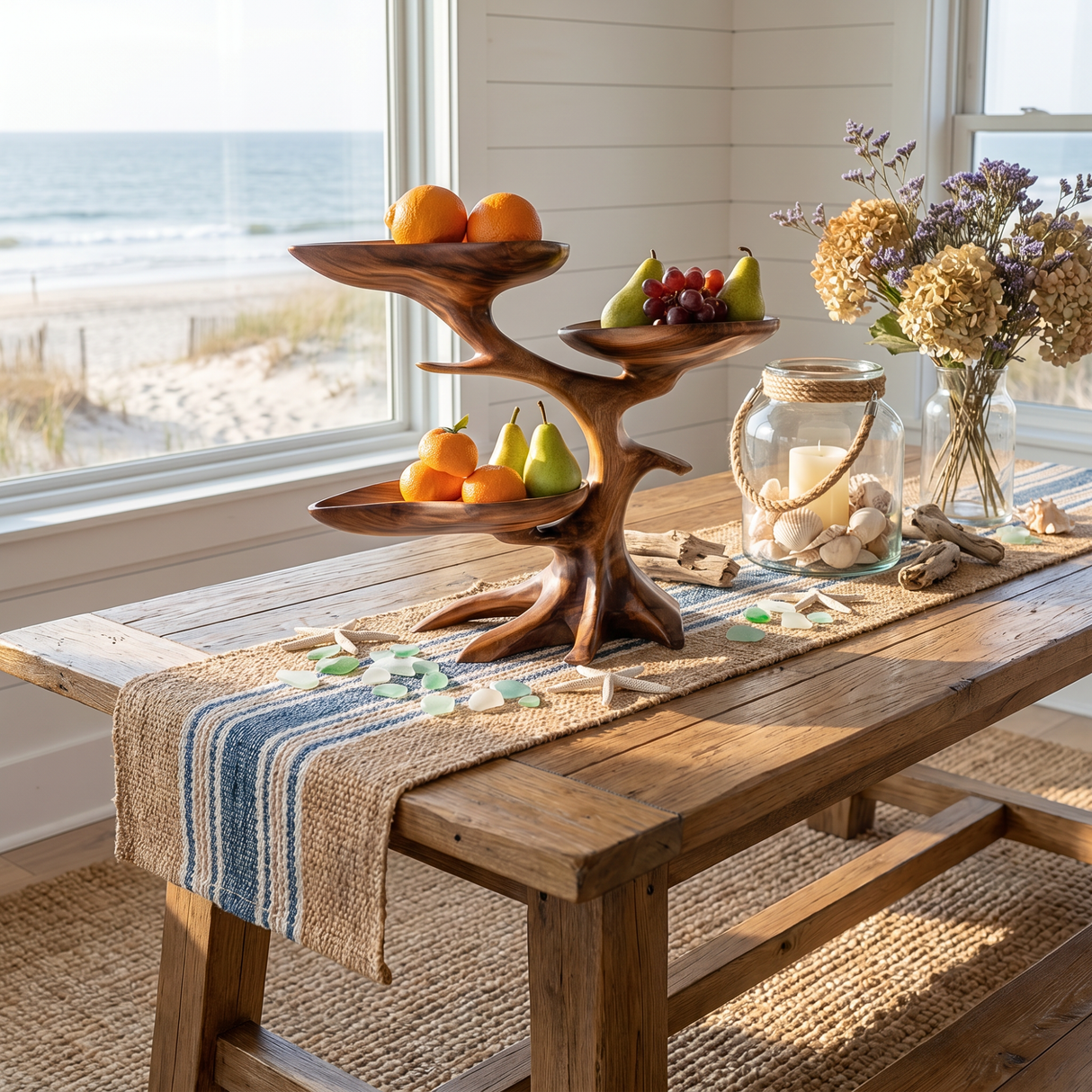 Solid Wood Three-Bowl Fruit Centerpiece with Flowing Branch Stand