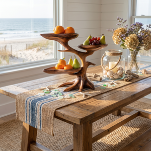 Solid Wood Three-Bowl Fruit Centerpiece with Flowing Branch Stand