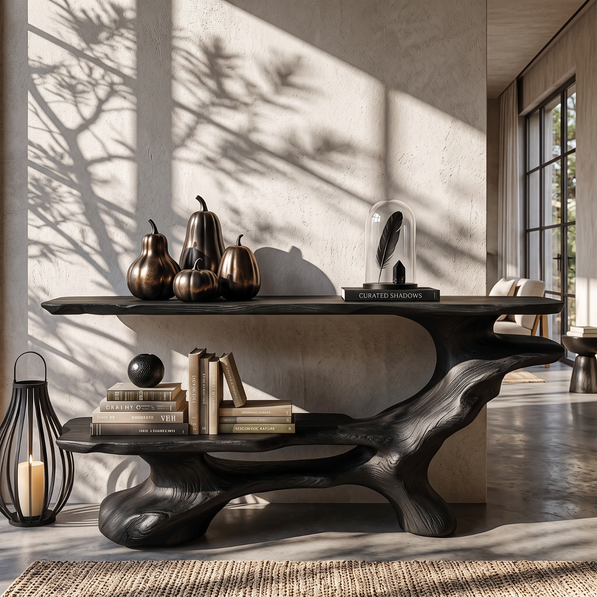 Artistic Solid Wood Console Table with Tiered Shelves and Flowing Branch Base