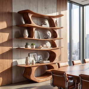 Sculpted Vertical Wood Display Shelf with Floating Asymmetrical Tiers
