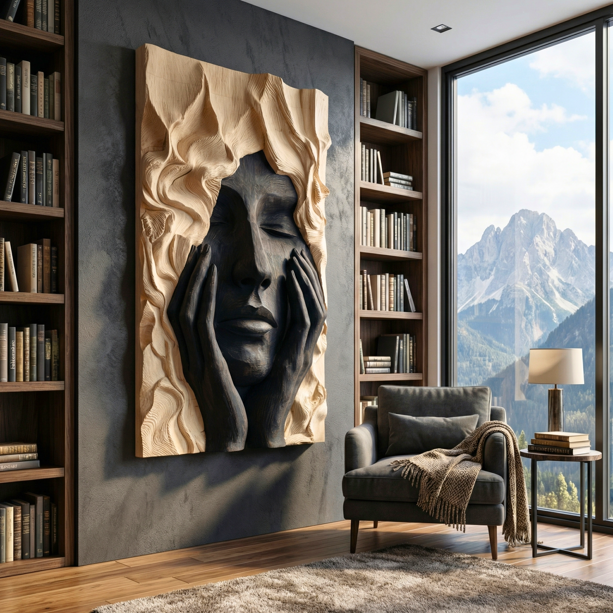 Handcrafted Solid Wood Wall Art Panel with Expressive Portrait Relief