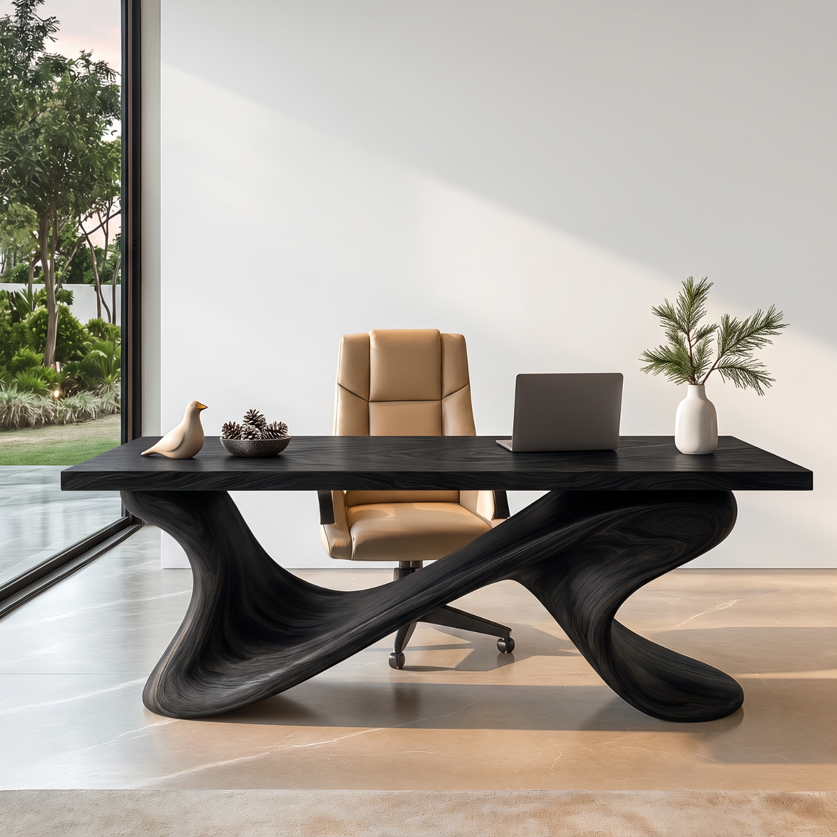 Sculptural Solid Wood Executive Desk with Flowing Cross Base