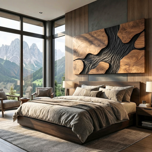 Sculptural Wood Wall Art Panel with Black Flowing Grain Form