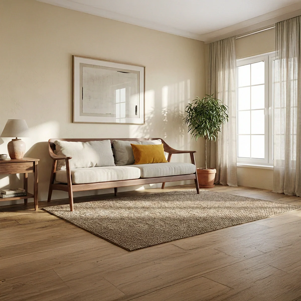 Modern Scandinavian Solid Wood Sofa Minimalist Upholstered Living Room Couch with Black Frame
