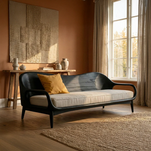 Mid-Century Modern Solid Wood Sofa Curved Scandinavian Wooden Frame Couch with Upholstered Cushion