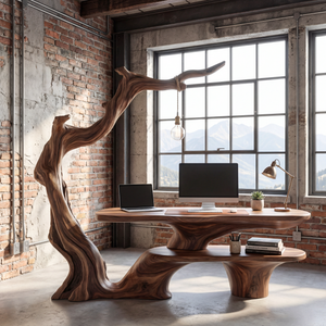 Sculptural Work Desk Tree Inspired Design with Hanging Lamp Organic Modern Workspace Table