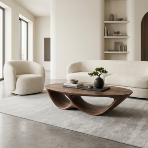 Solid Wood Coffee Table with Double Curved Hollow Base for Living Room