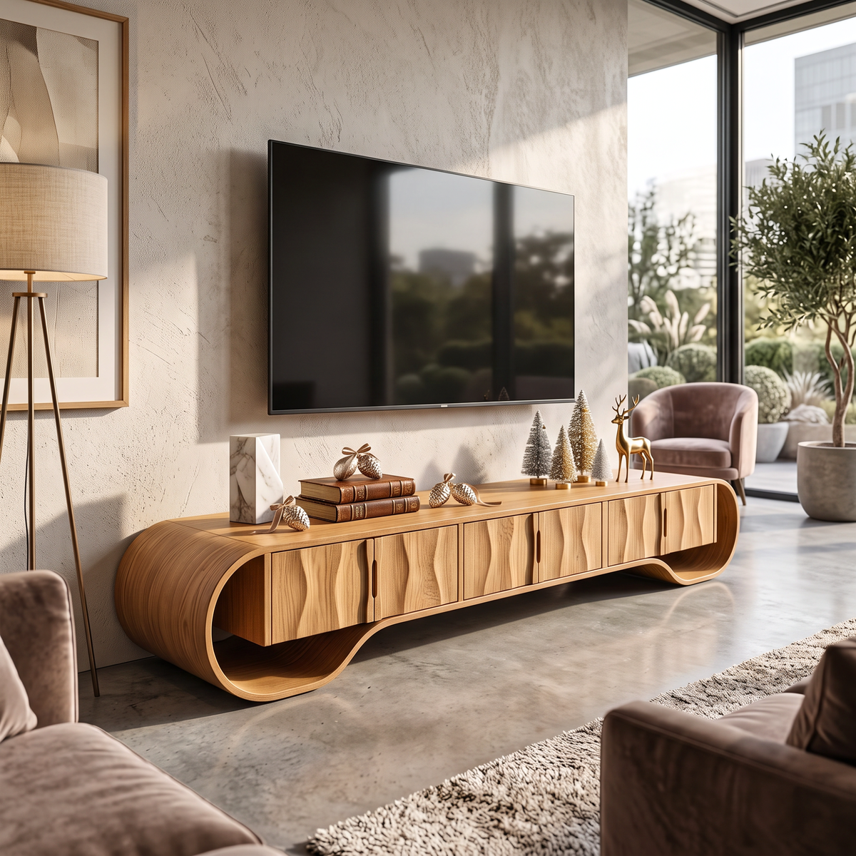 TV Stand with Sculptural Oval Frame and Natural Grain Cabinet Doors