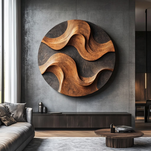 Handcrafted Wood Wall Sculpture with Woven Wave Relief and Charcoal Contrast