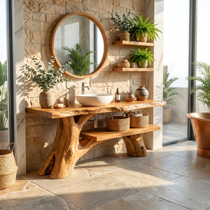 Bathroom Vanity Solid Wood with Organic Branch Legs and Open Shelf