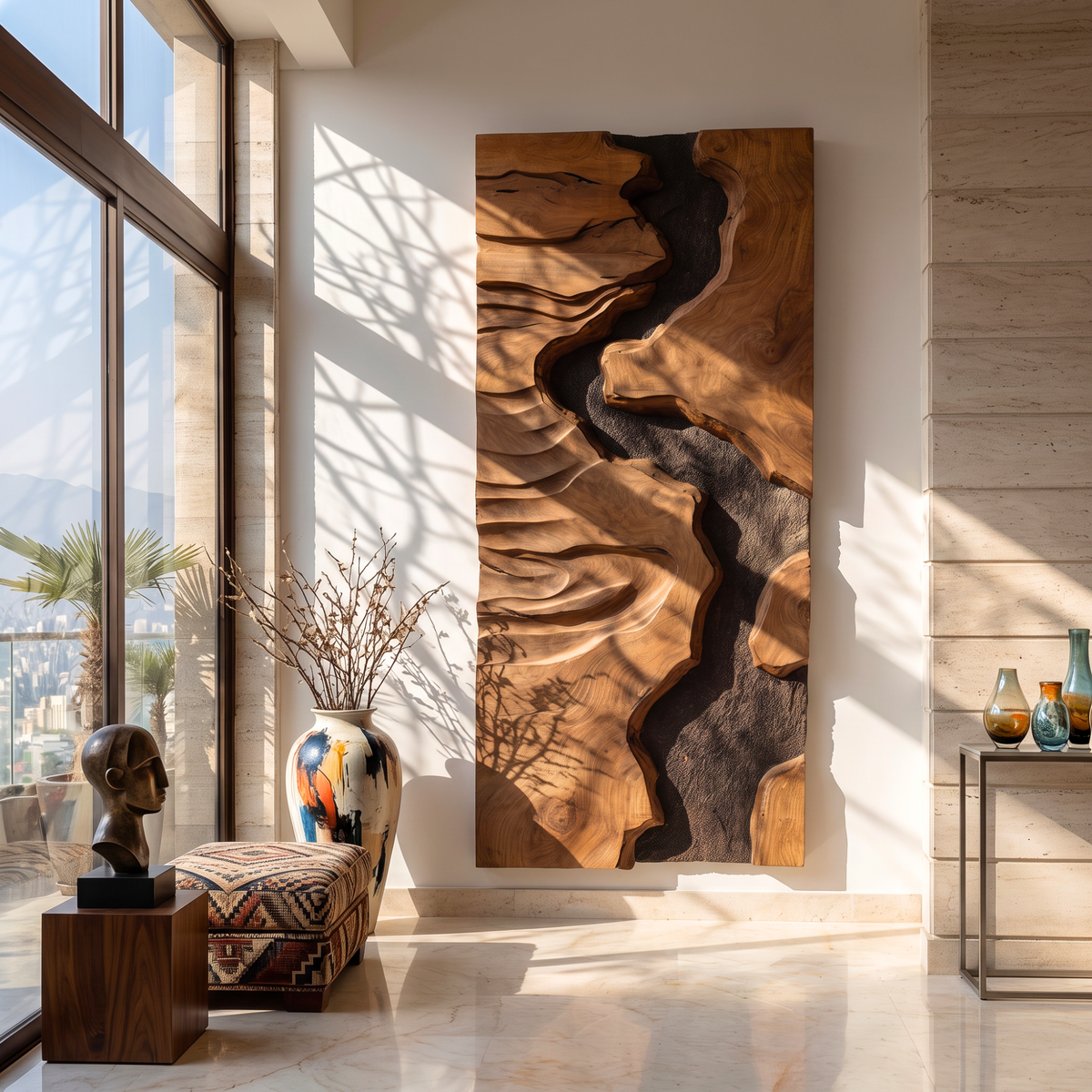 Abstract Solid Wood Wall Art with Layered Canyon Carvings