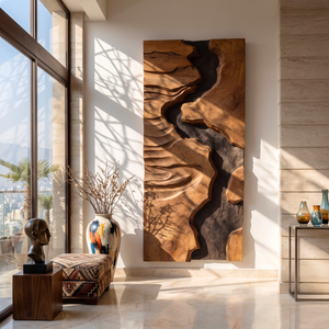 Abstract Solid Wood Wall Art with Layered Canyon Carvings