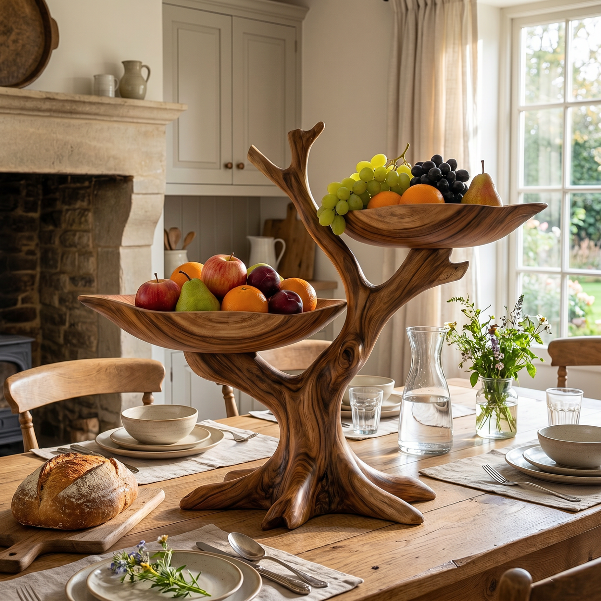 Handcrafted Branch-Form Solid Wood Fruit Bowl with Dual Raised Serving Trays