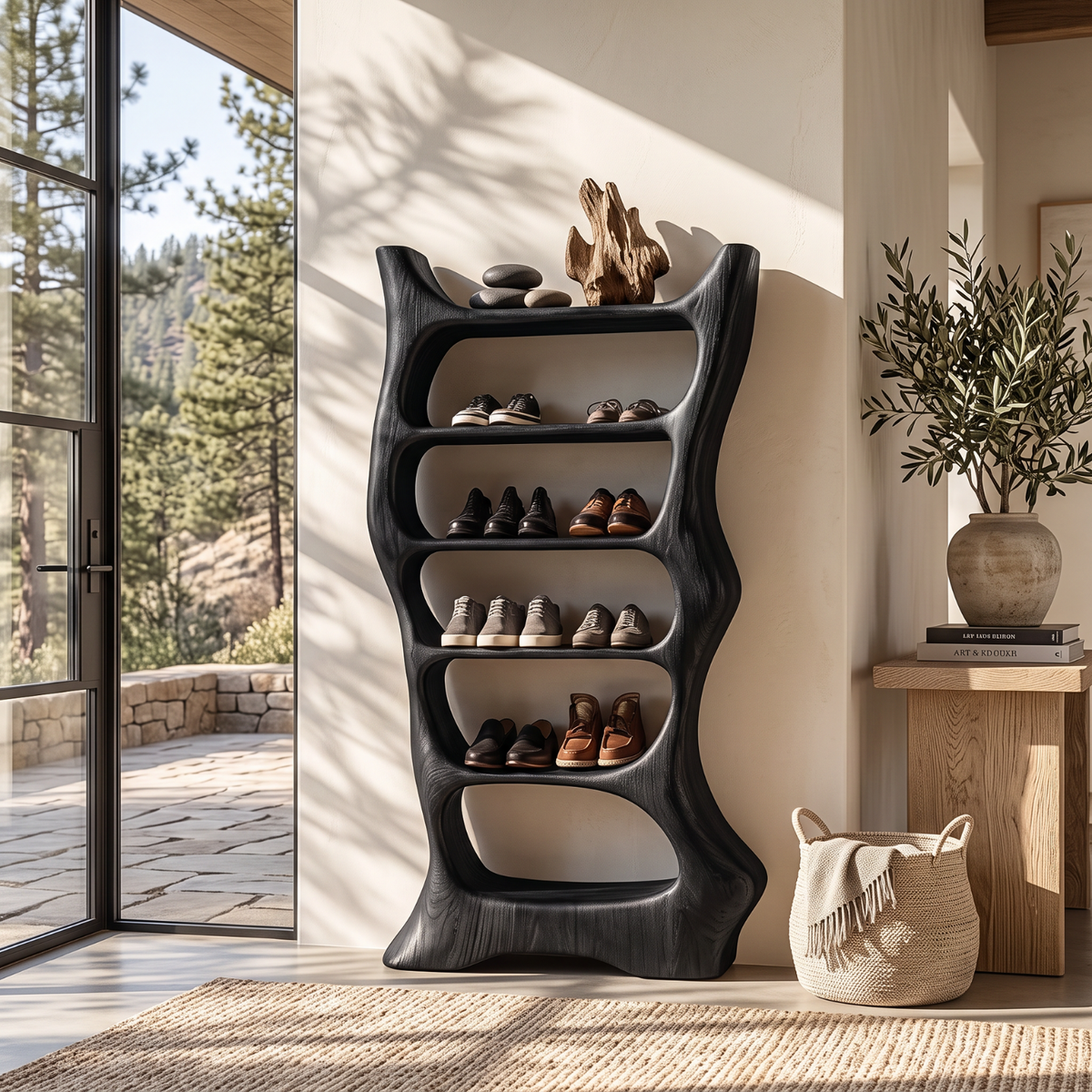 Shoe Rack Solid Wood with Sculptural Organic Frame and Multi Tier Shelves